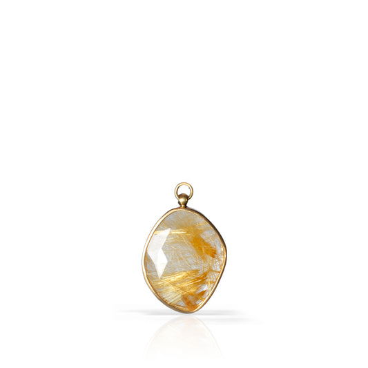 A teardrop-shaped gold pendant featuring a faceted clear gemstone with shimmering golden internal inclusions, set in a polished gold bezel with a top loop, shown on a white background with a soft reflection.