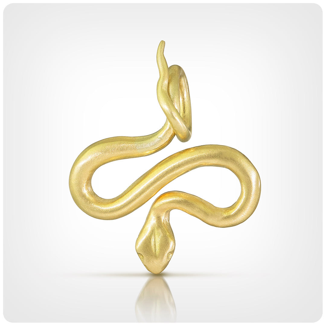 A gold snake pendant sculpted in a coiled pose, shown on a light gray gradient background with a soft reflection underneath.