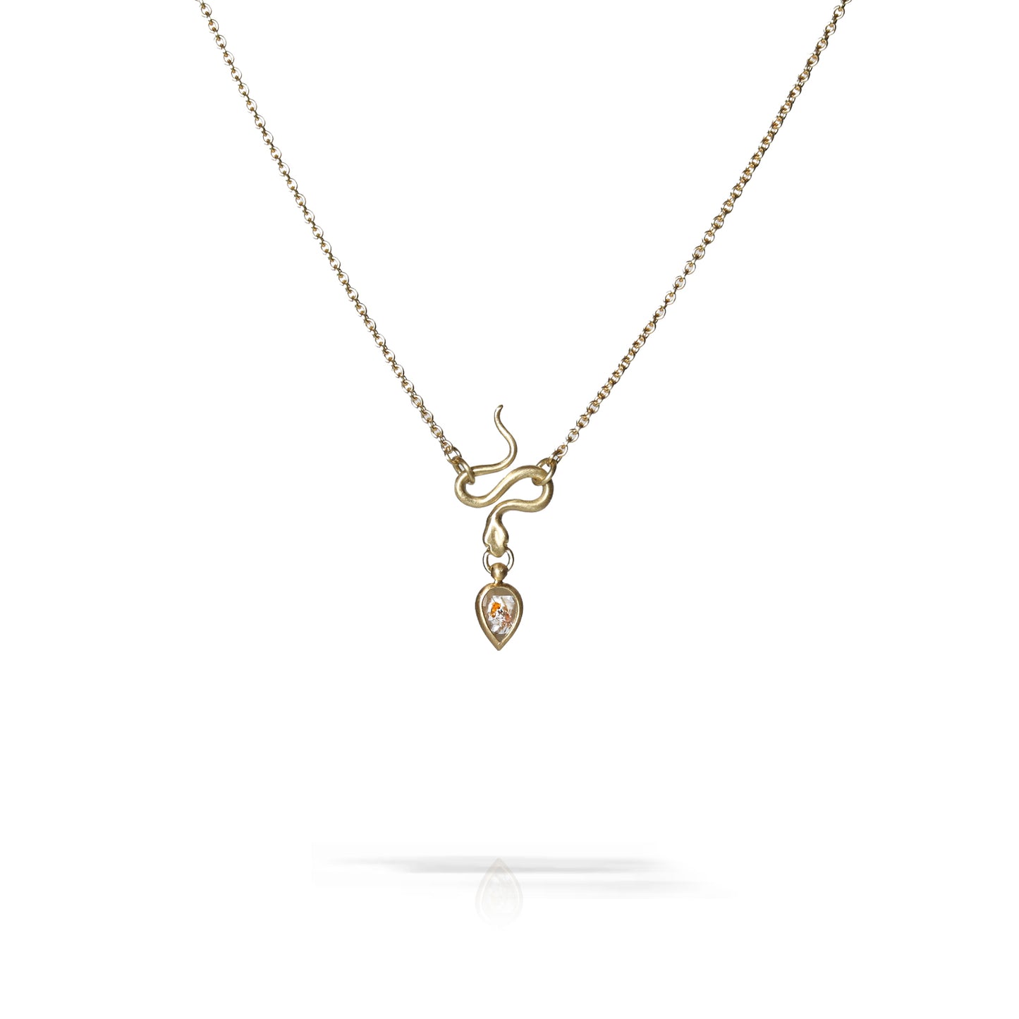 A delicate necklace featuring a gold infinity symbol pendant with a small heart-shaped drop containing a clear gemstone, suspended from a fine silver-toned chain on a white background.