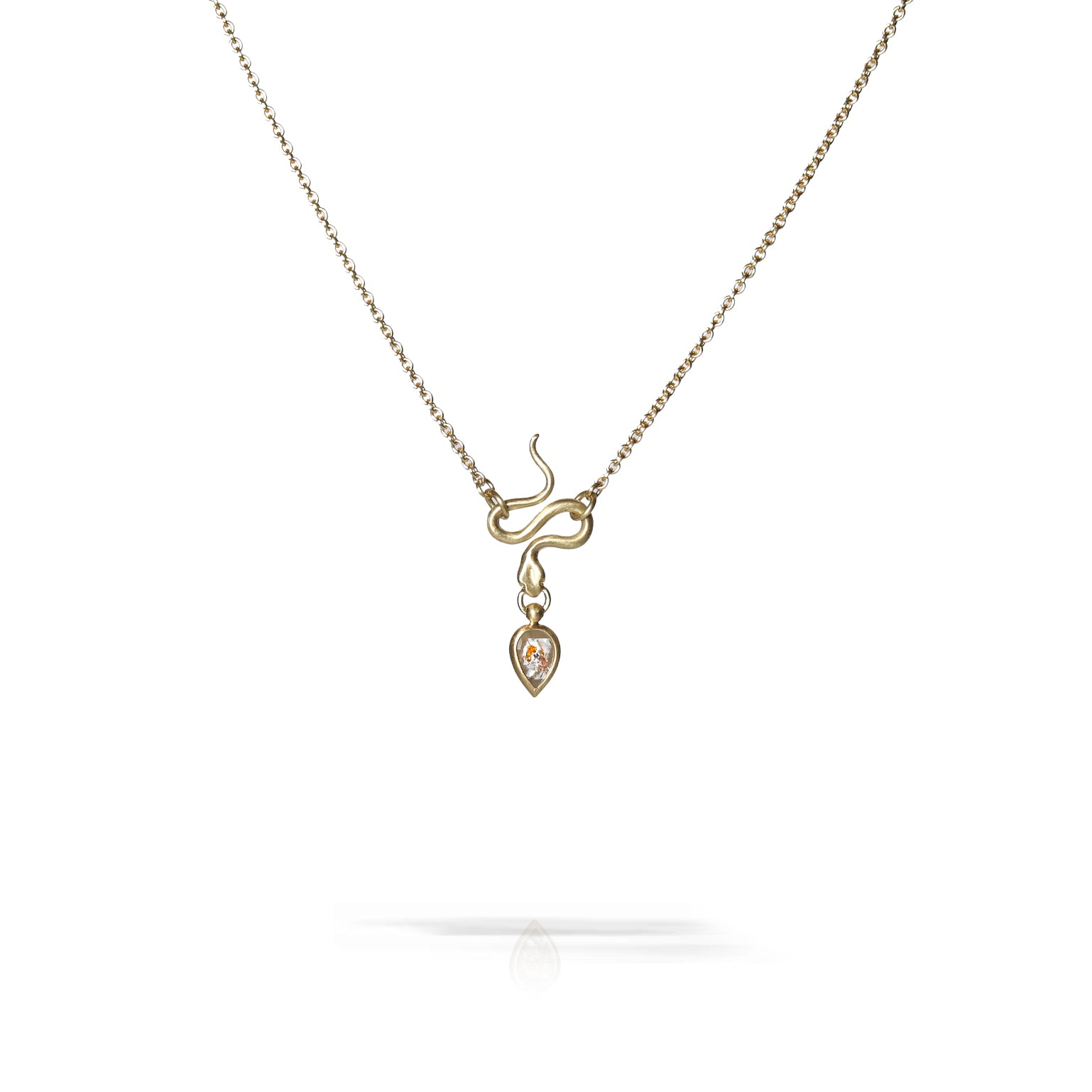 A delicate necklace featuring a gold infinity symbol pendant with a small heart-shaped drop containing a clear gemstone, suspended from a fine silver-toned chain on a white background.