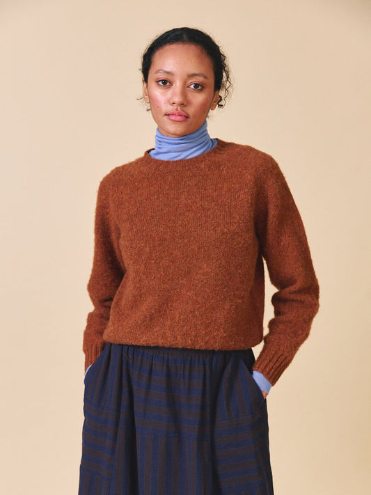 Woman wearing a brown sweater over a blue turtleneck with a beige background