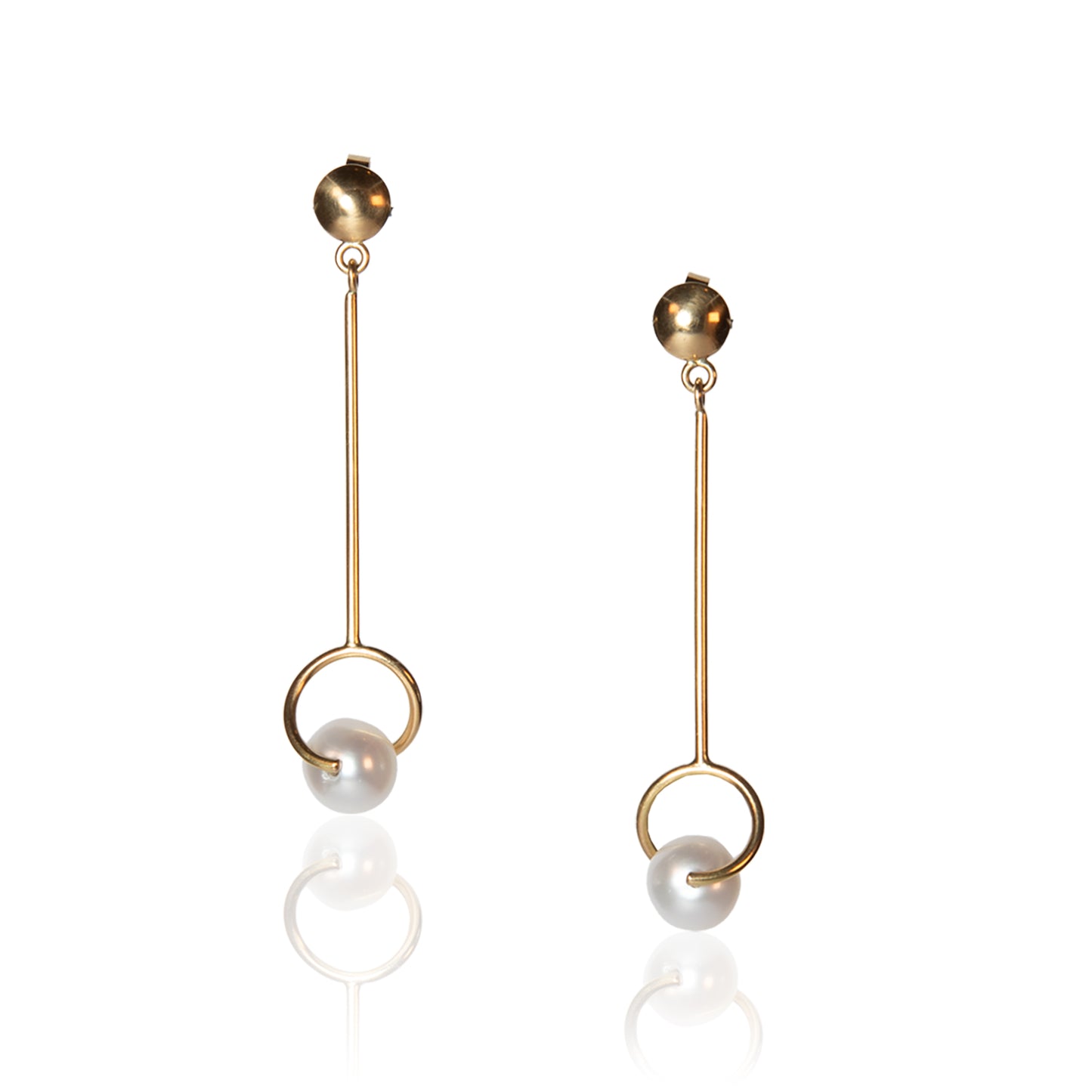 Long gold bar earrings with white freshwater pearls on gold dot studs