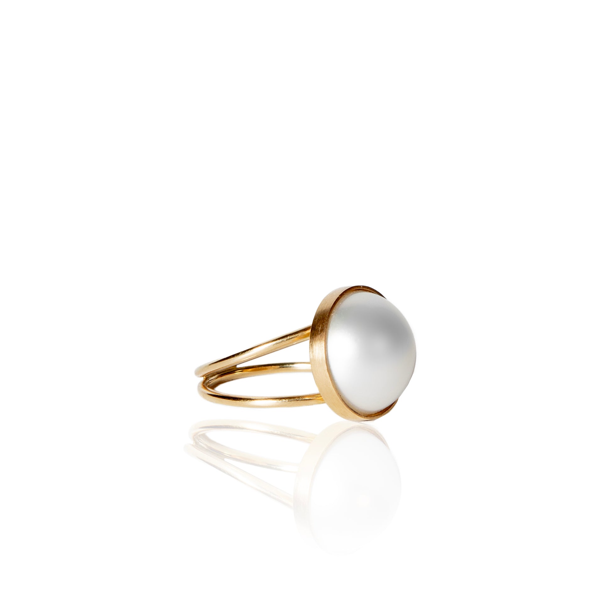 Double band half cut white pearl ring