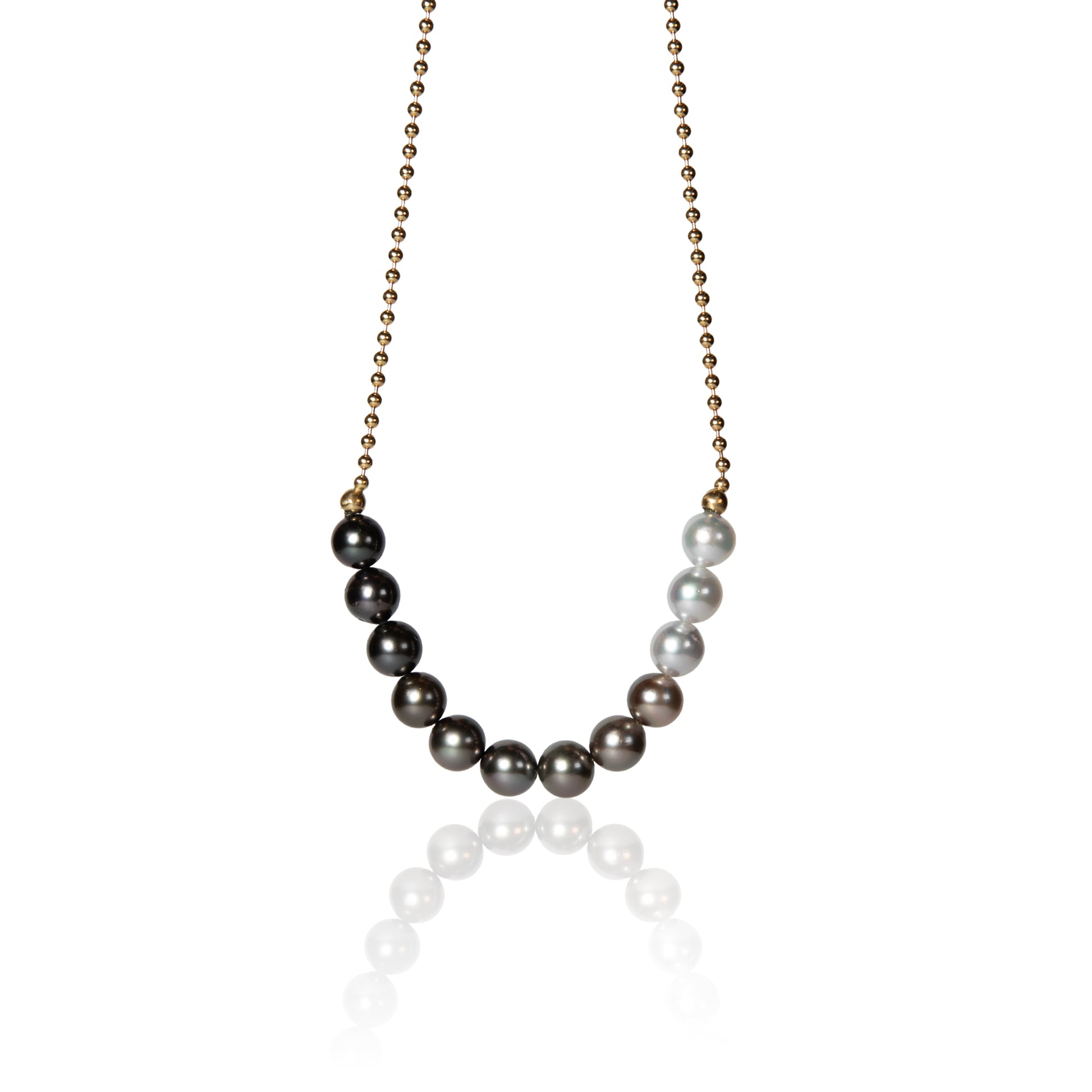 Color graduated pearl necklace with grey to white pearls on gold ball chain
