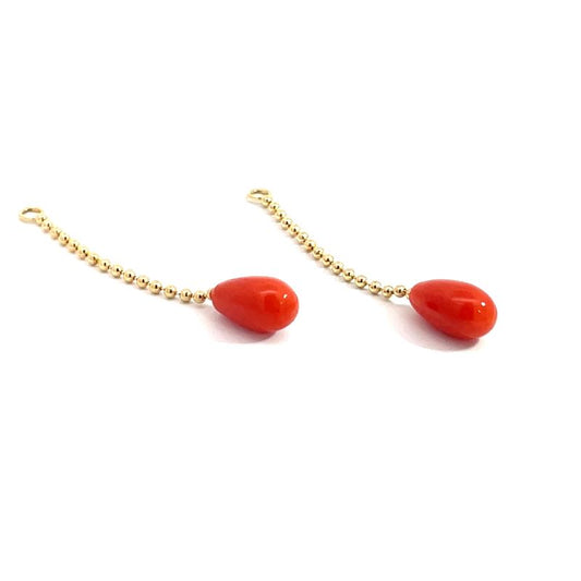 Two yellow gold ear chains with red coral raindrop beads.