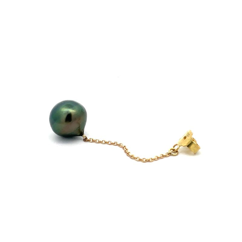 A single drop chain earring featuring a dark green iridescent pearl suspended from a delicate gold chain with a gold post, shown on a plain white background.