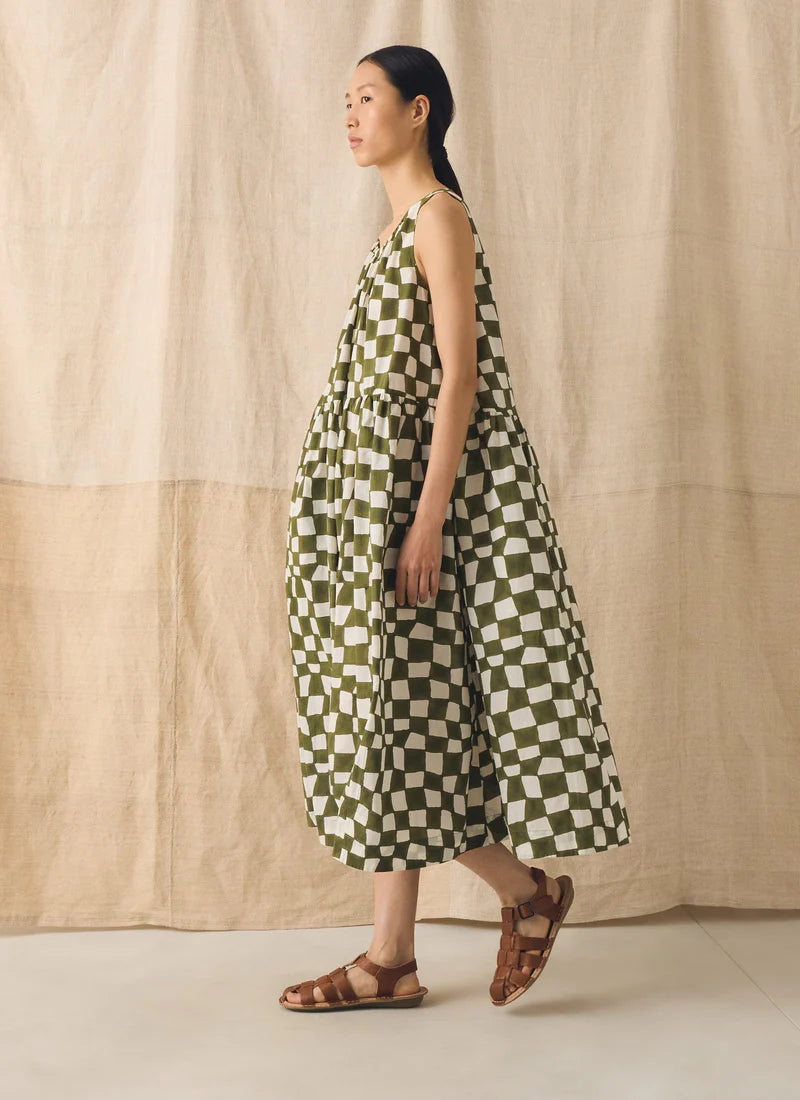 checkered dress women Block Print Warp Check Sleeveless Dress Olive – Loveday