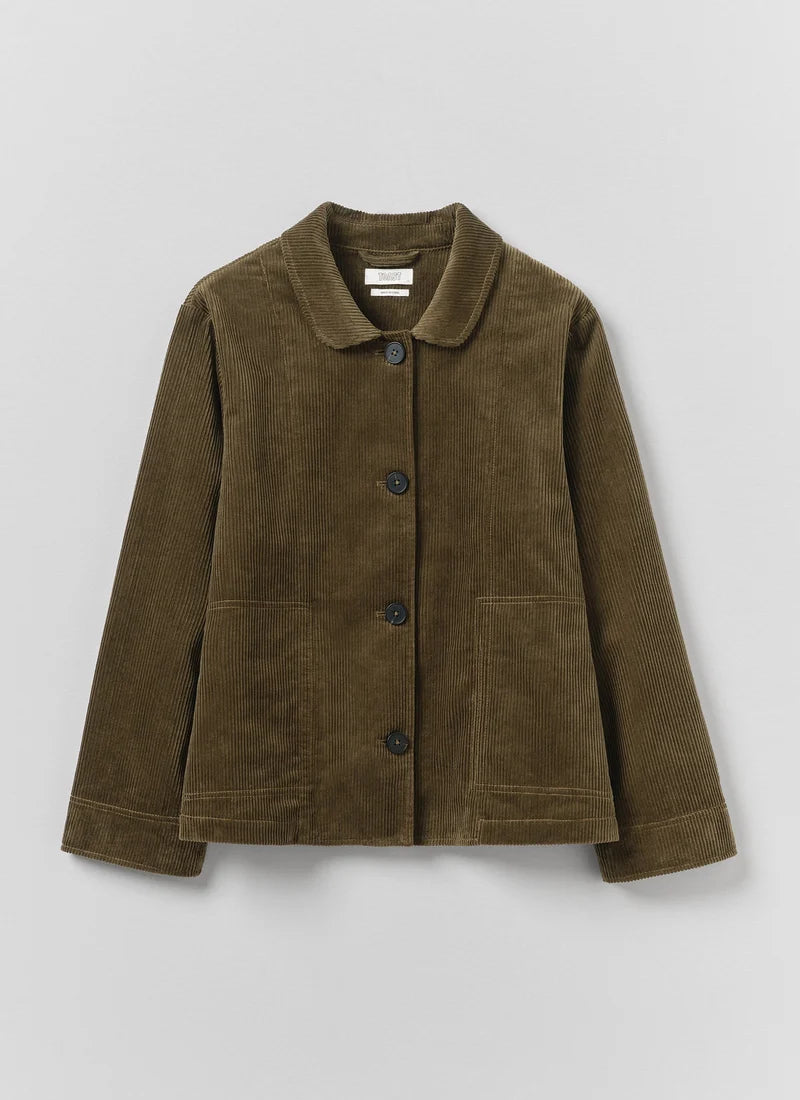 An olive green jacket with pockets shown against a white background.