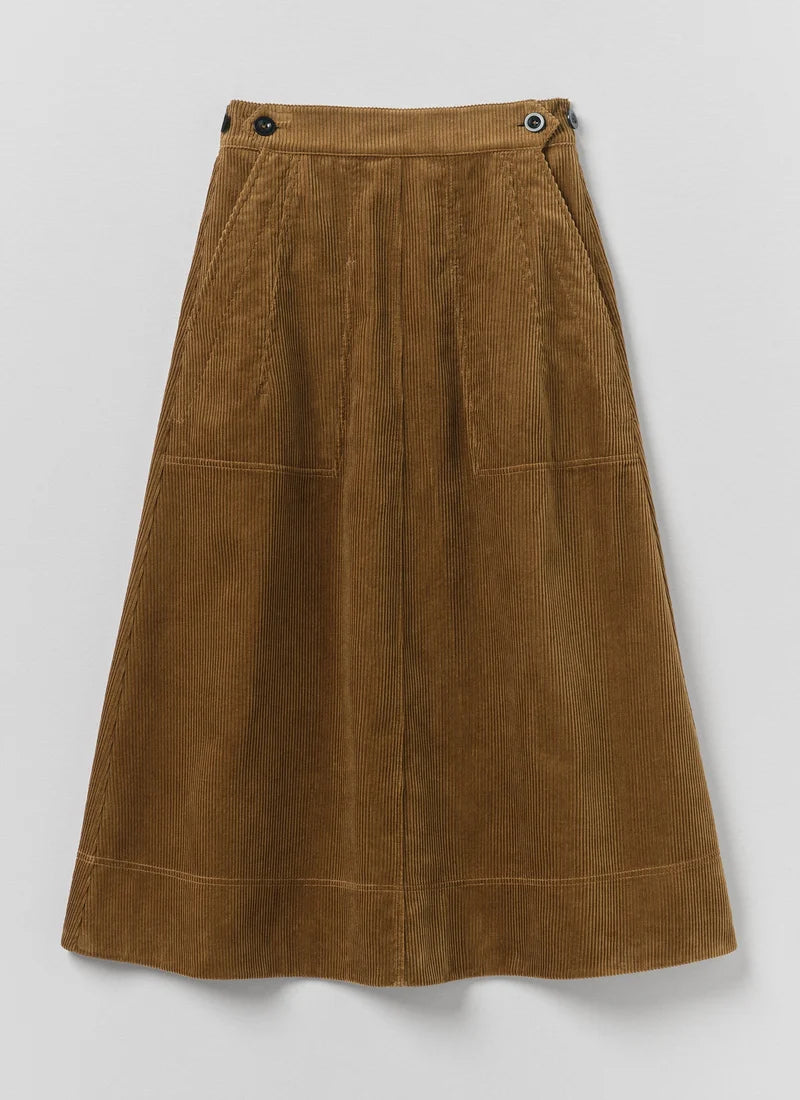 A brown corduroy skirt showing the ribbed texture, a dark button, and part of a fuzzy brown collar against a light gray background.