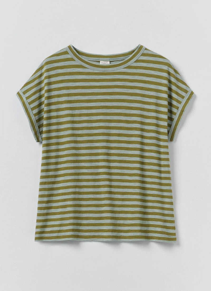 a green and white striped shirt and dark blue pants on a white background