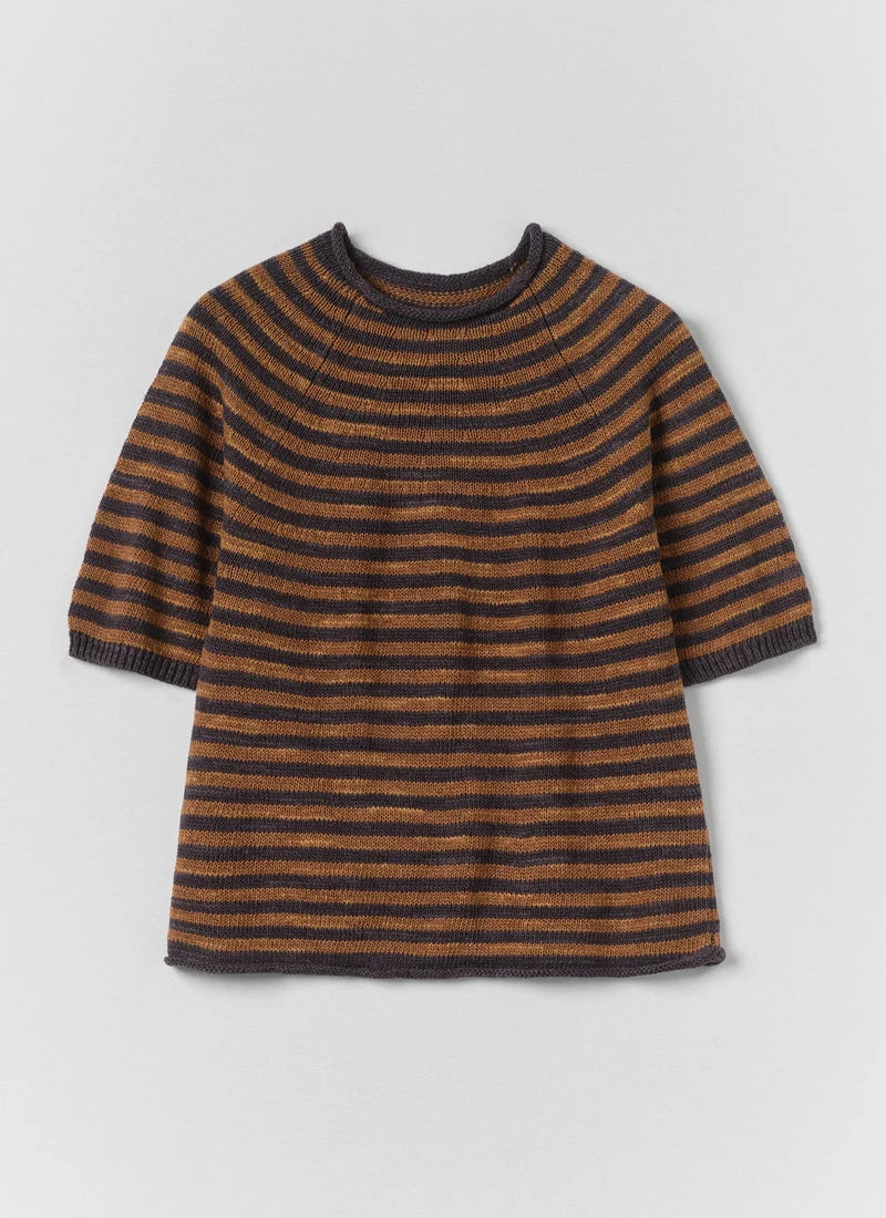 A soft copper and graphite blue striped knitted tee shown laying flat.