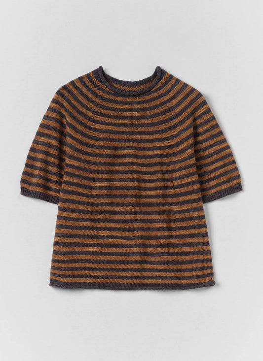 A soft copper and graphite blue striped knitted tee shown laying flat.