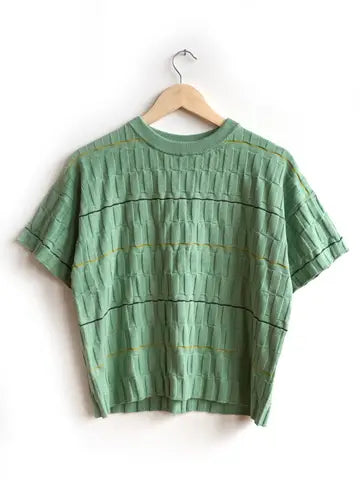 A green textured sweater against a plain wall.