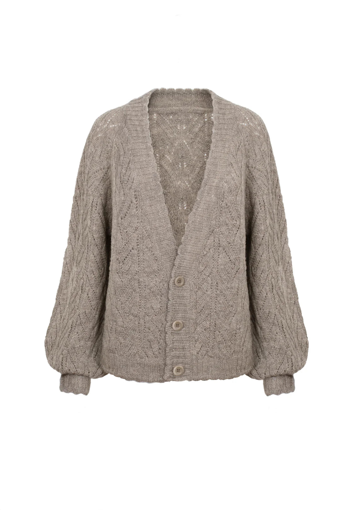 Brown cable knit cardigan on a white background