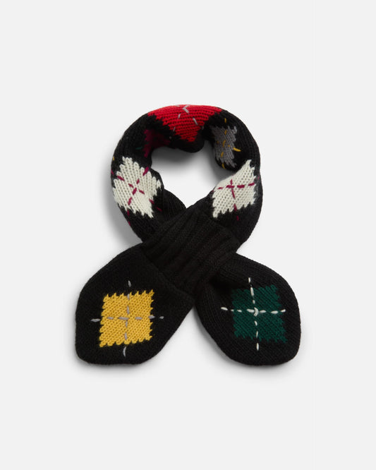 Black knitted scarf with colorful square patterns on a white background