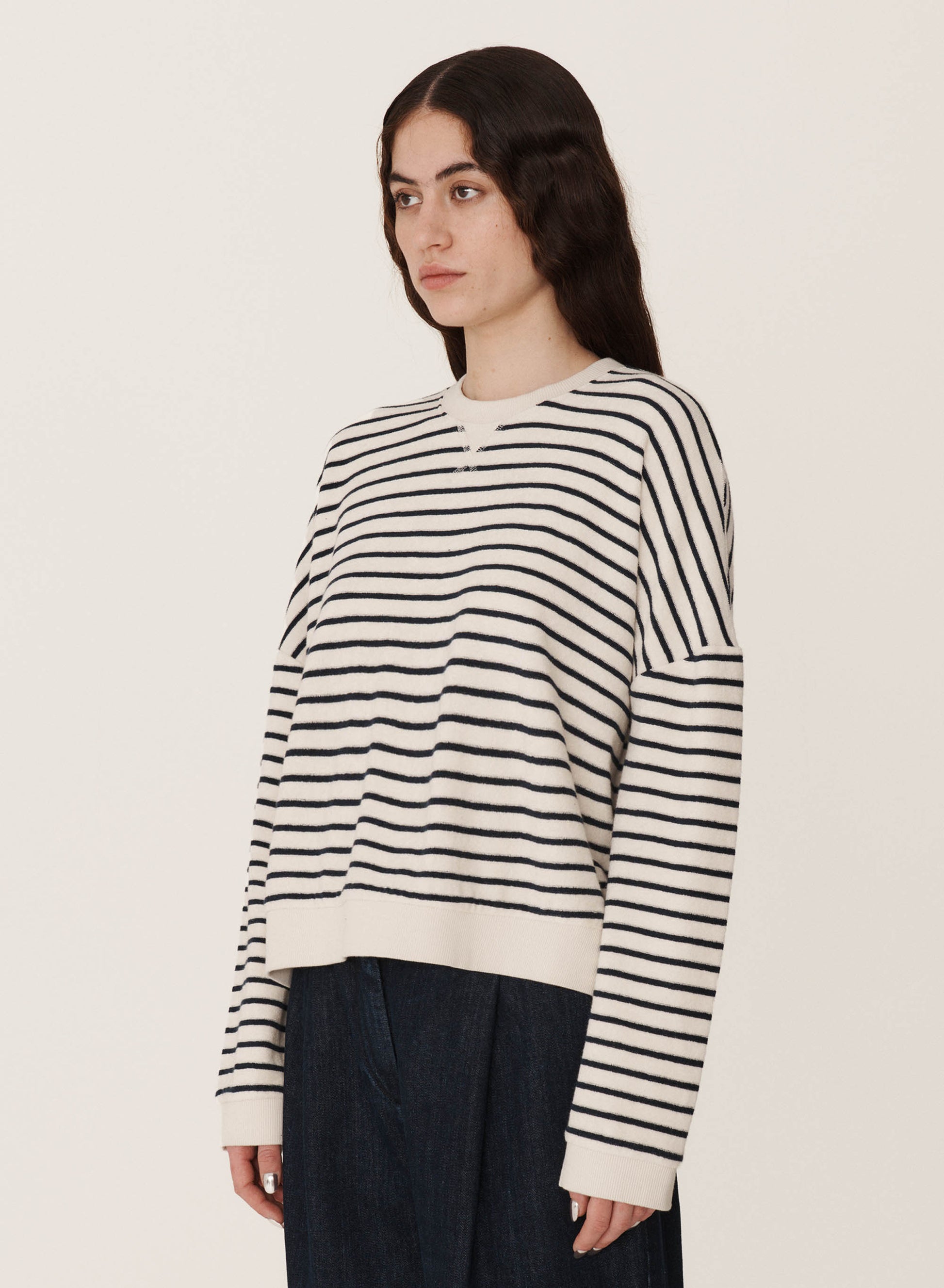 partial front and side view of ecru/navy stripe long sleeve sweatshirt