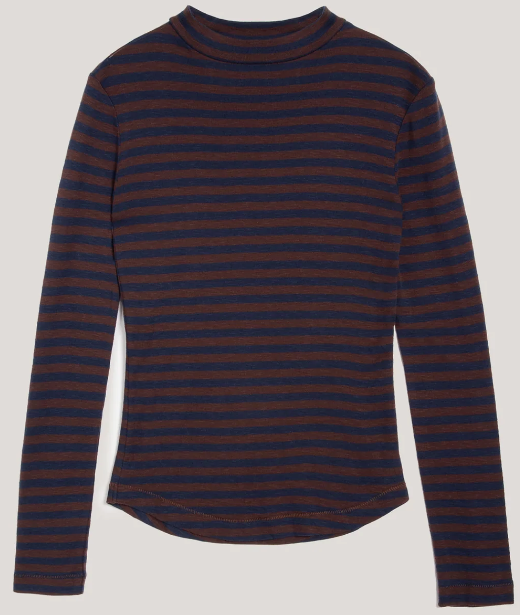 Brown and Navy stripe long sleeve top with a mock turtleneck