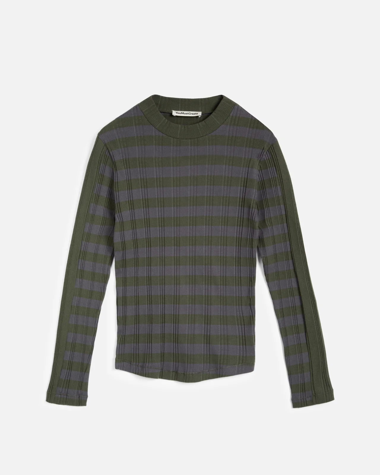Green and gray plaid long-sleeve shirt on a light gray background