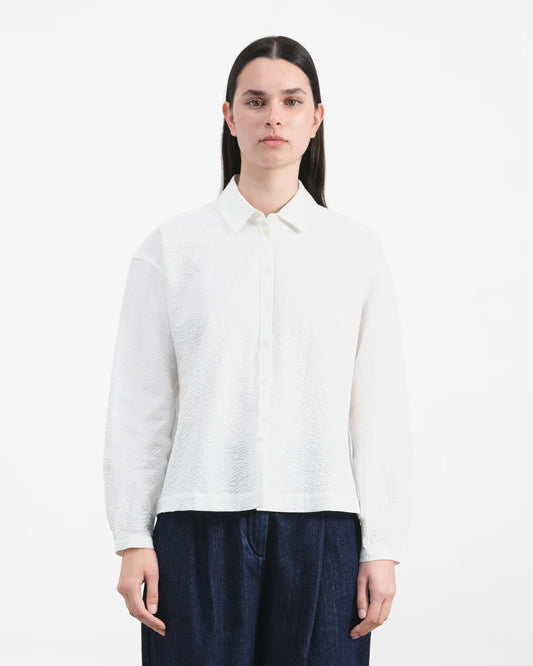 Person wearing a white shirt and dark pants on a white background