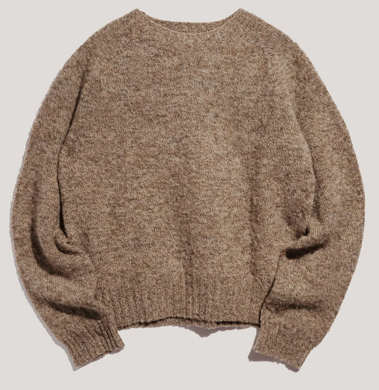 Front view of YMC Jets knit sweater in natural color with raglan sleeves. Rib knit neckband, cuffs and waistband