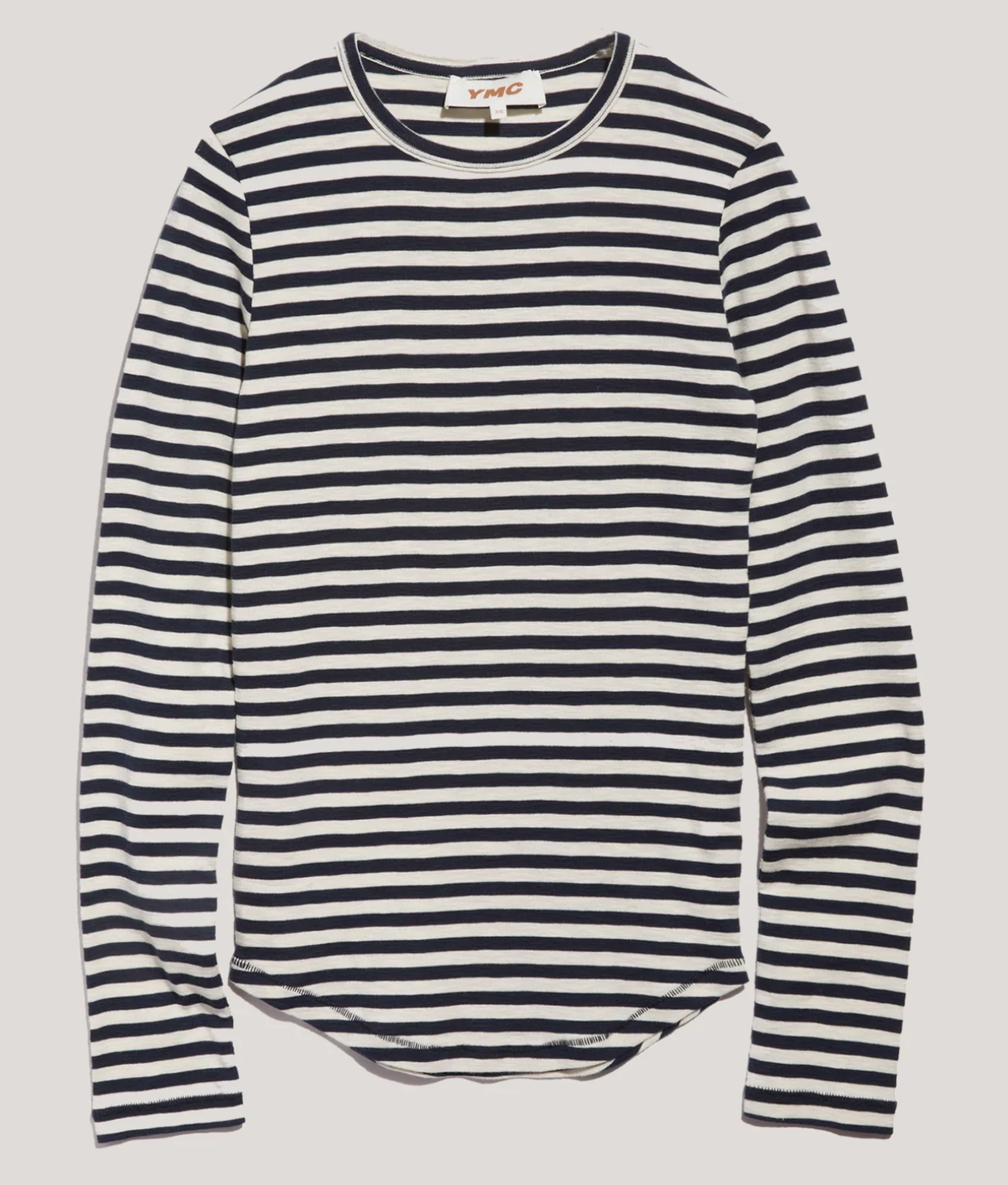 Long sleeve navy/white cotton t-shirt. Front view