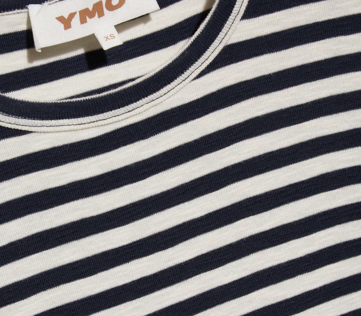 Navy/white stripe t-shirt detail showing crew neckline and YMC label