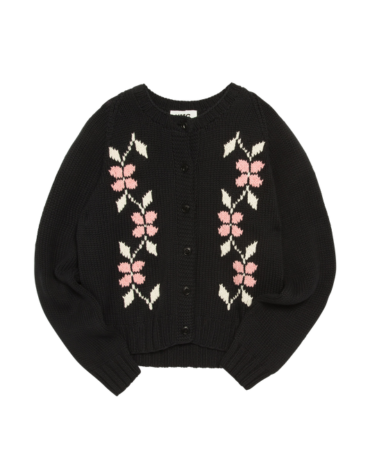 Front of black cotton cardigan with pink flowers and black buttons