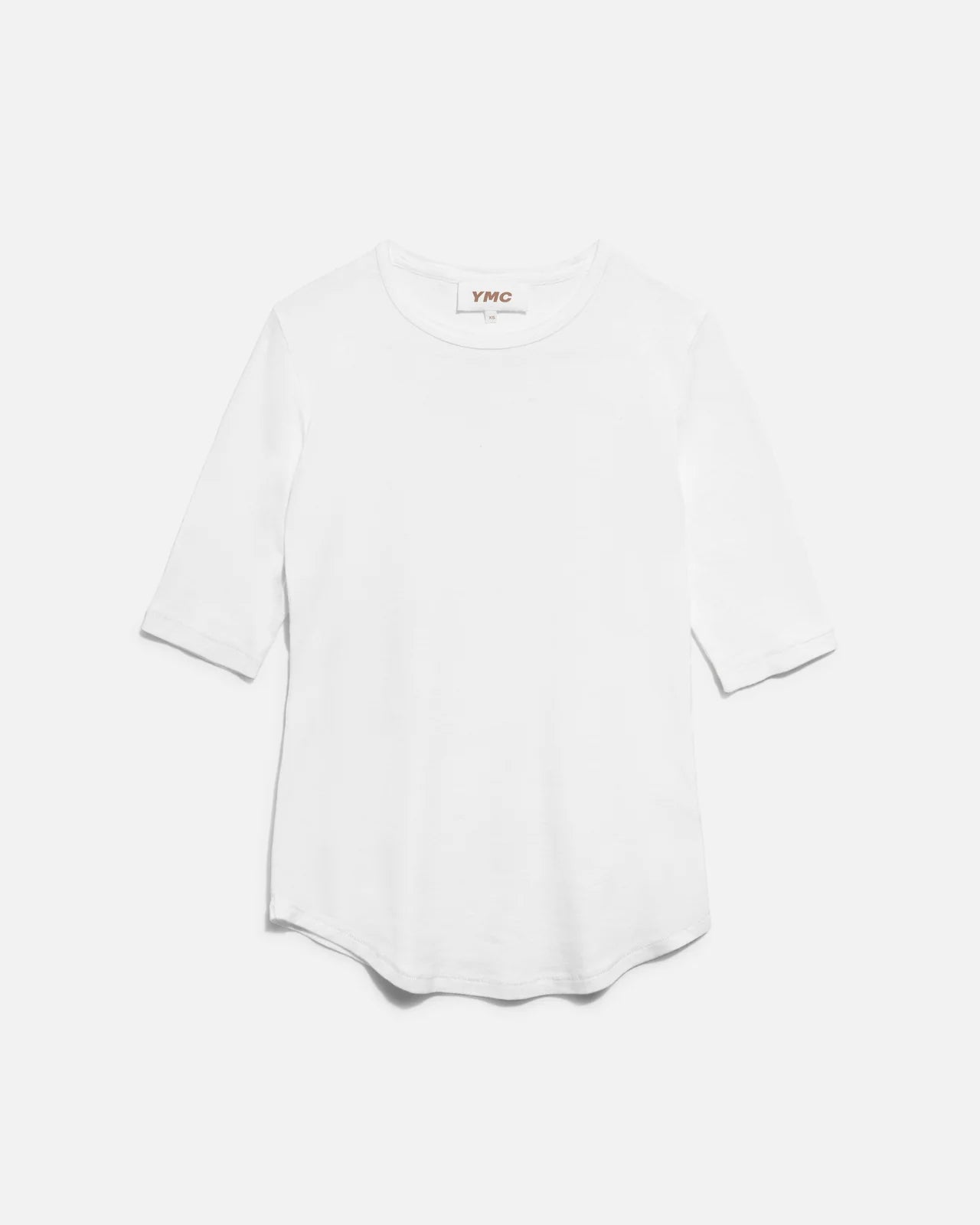 White t-shirt with a small logo on a white background