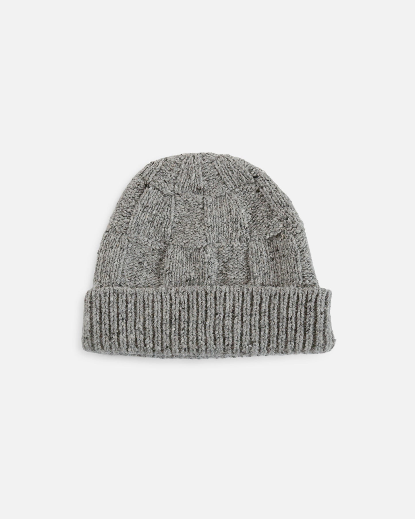 A light gray ribbed knit beanie hat with a textured cable-knit top section, shown flat against a light gray background.