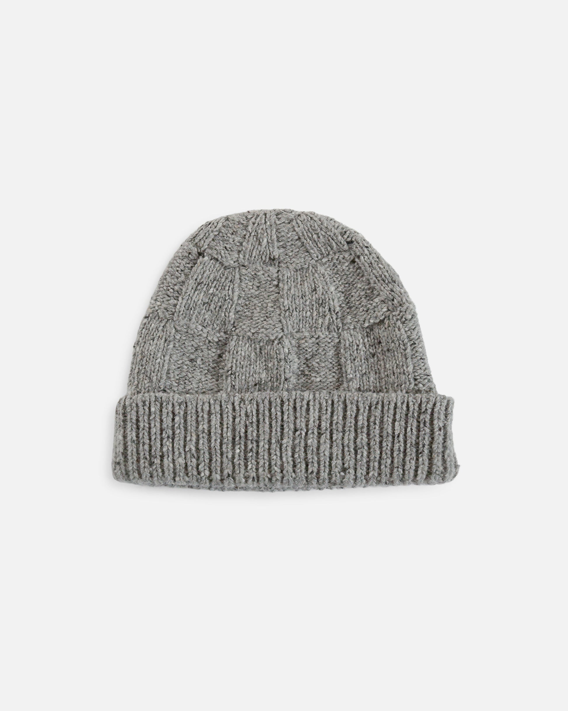 A light gray ribbed knit beanie hat with a textured cable-knit top section, shown flat against a light gray background.
