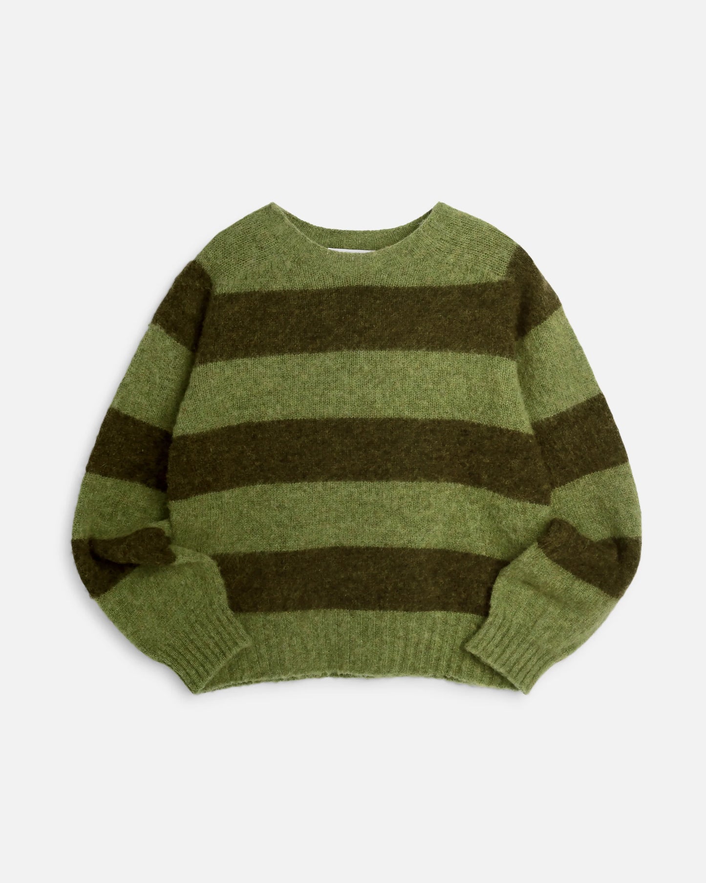 A green and dark olive green horizontally striped knit sweater with a crew neck and ribbed cuffs, laid flat against a light gray background.