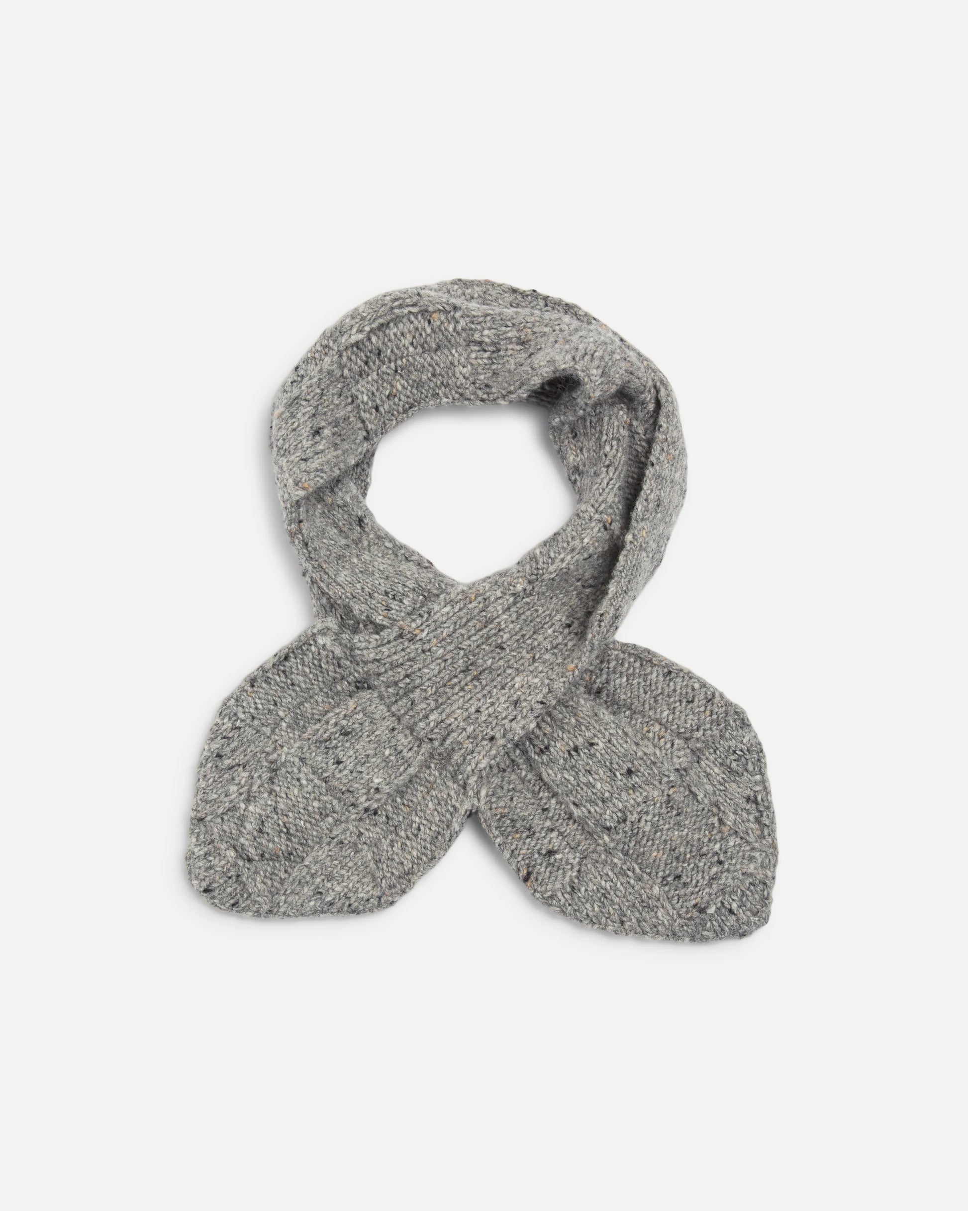 A gray knit scarf with a textured, heathered finish, styled in a looped cross-over shape on a plain light gray background.