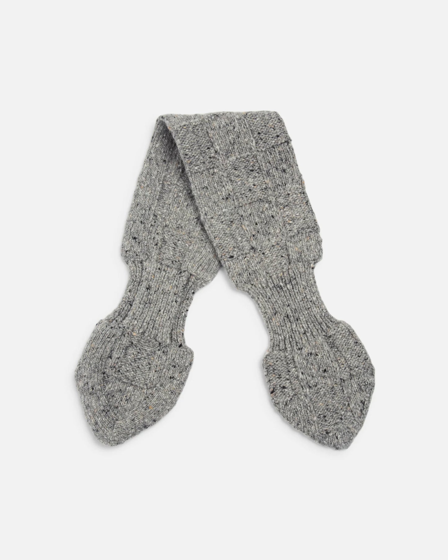 A pair of gray heathered knit socks with a textured pattern, laid flat on a light gray background.