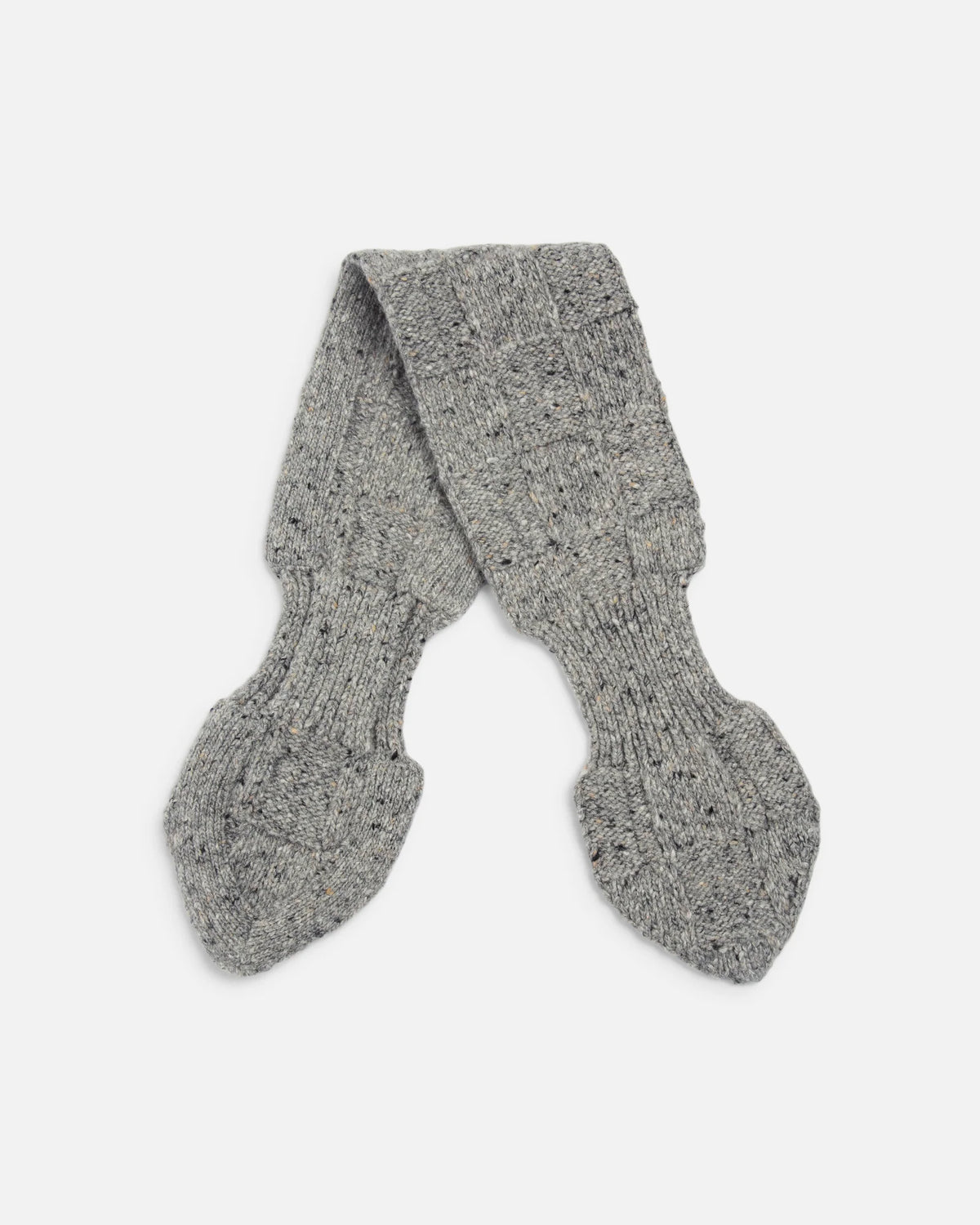 A pair of gray heathered knit socks with a textured pattern, laid flat on a light gray background.