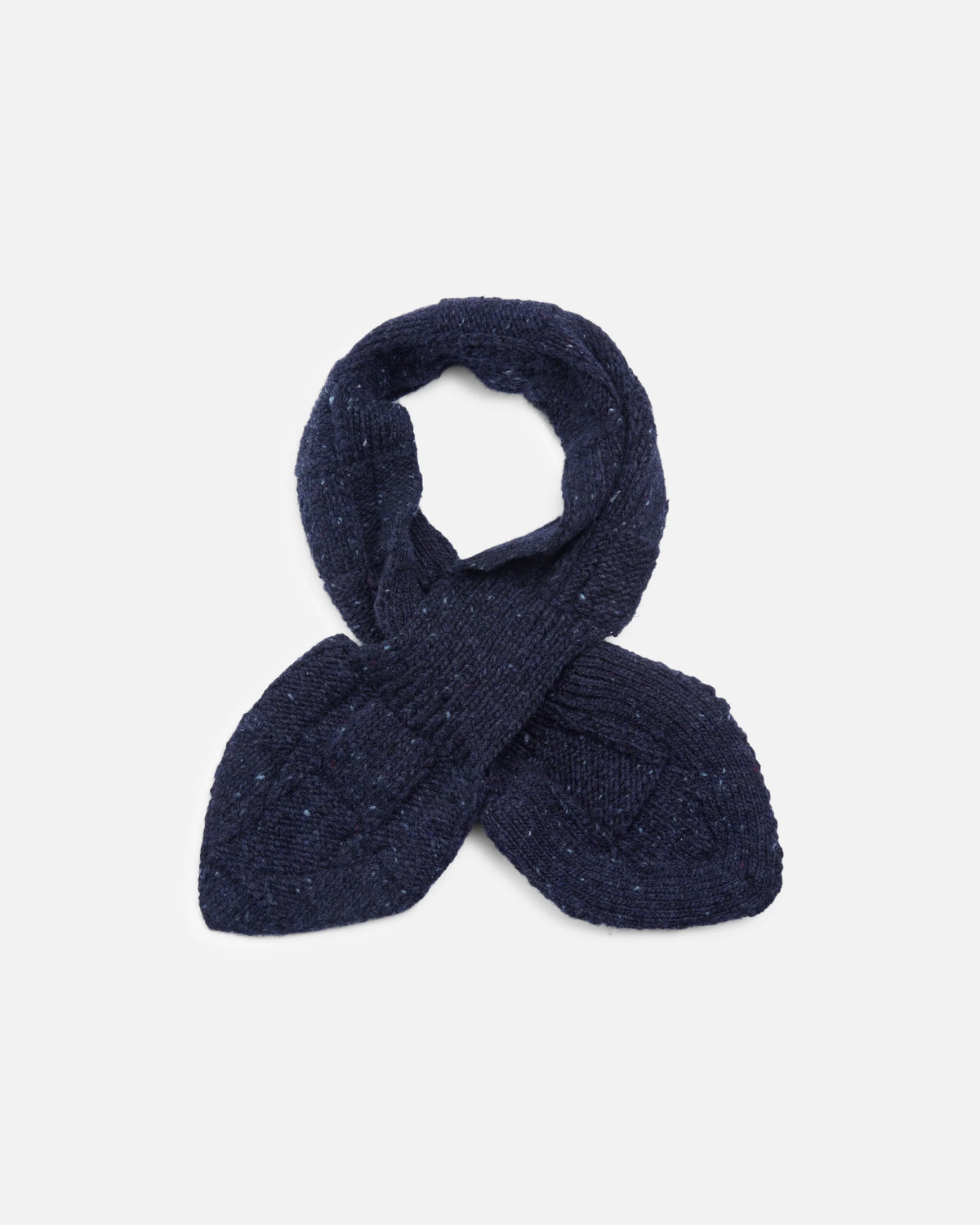 A navy knit scarf with a textured, heathered finish, styled in a looped cross-over shape on a plain light gray background.
