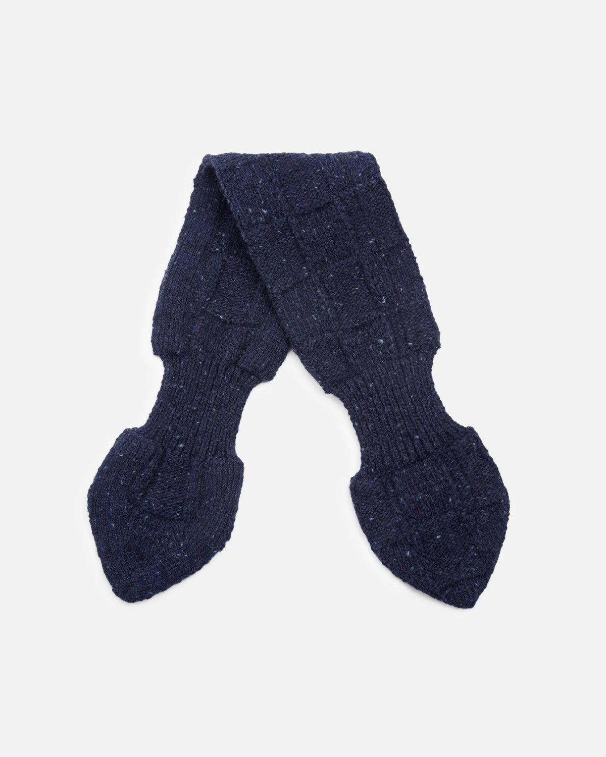 A navy knit scarf with a textured, heathered finish, styled flat on a plain light gray background.