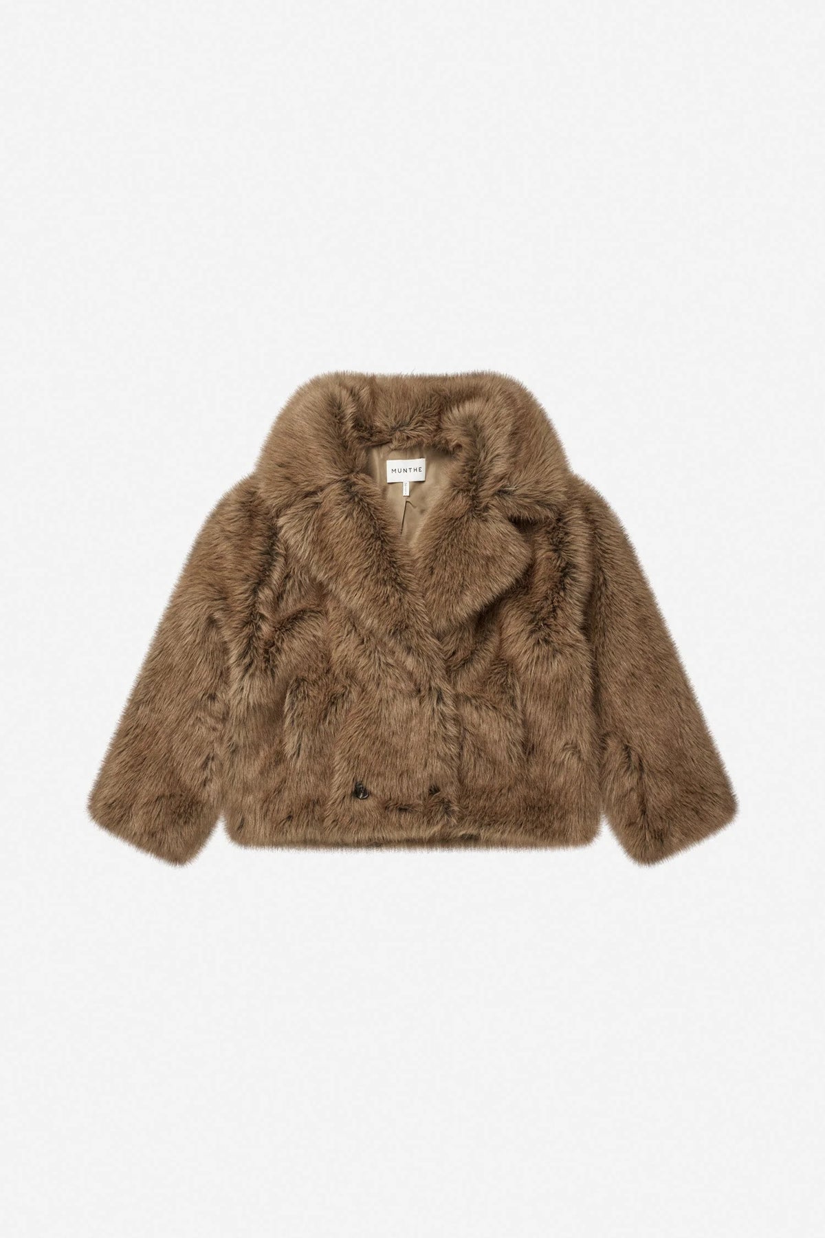 A brown faux fur jacket with a wide collar and long sleeves, laid flat against a plain white background.