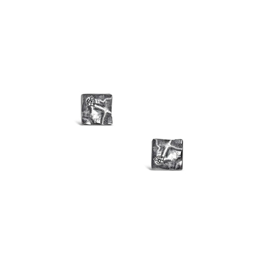 Small Astra Reticulated Square Earring in Oxidized Sterling Silver with Moissanite