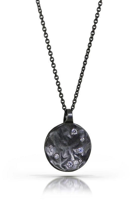Astra Reticulated Circle Pendant in Oxidized Sterling Silver with Moissanite