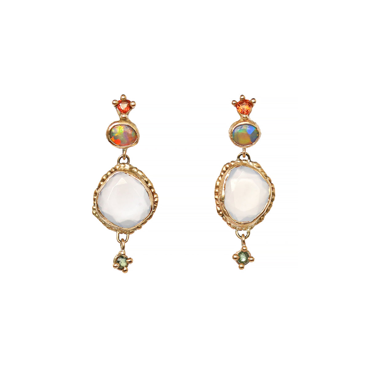 A pair of yellow gold earrings with black opals, sapphires, and chalcedony.