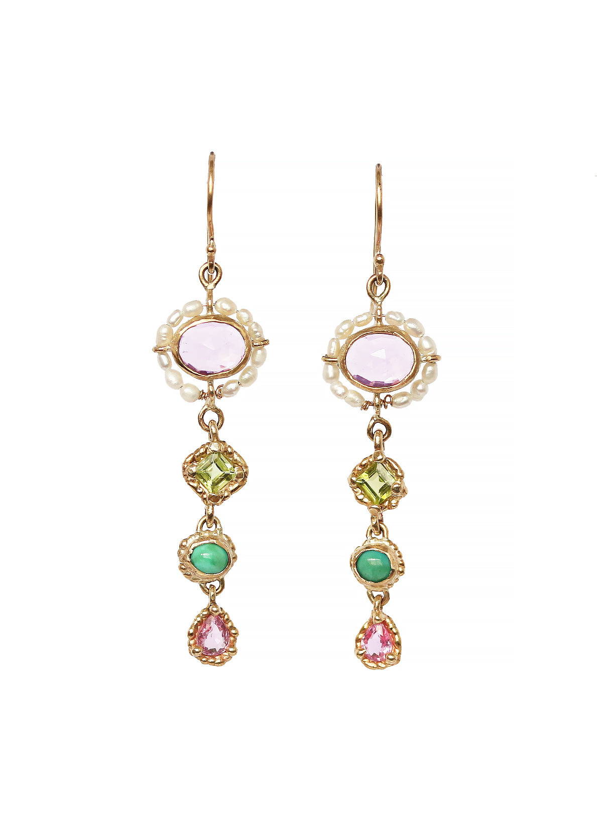 A pair of yellow gold dangling earrings with freshwater pearls, amethysts, peridot, turquoise, and pink sapphires.