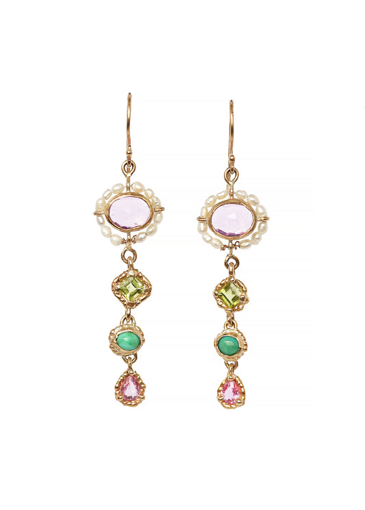 A pair of yellow gold dangling earrings with freshwater pearls, amethysts, peridot, turquoise, and pink sapphires.
