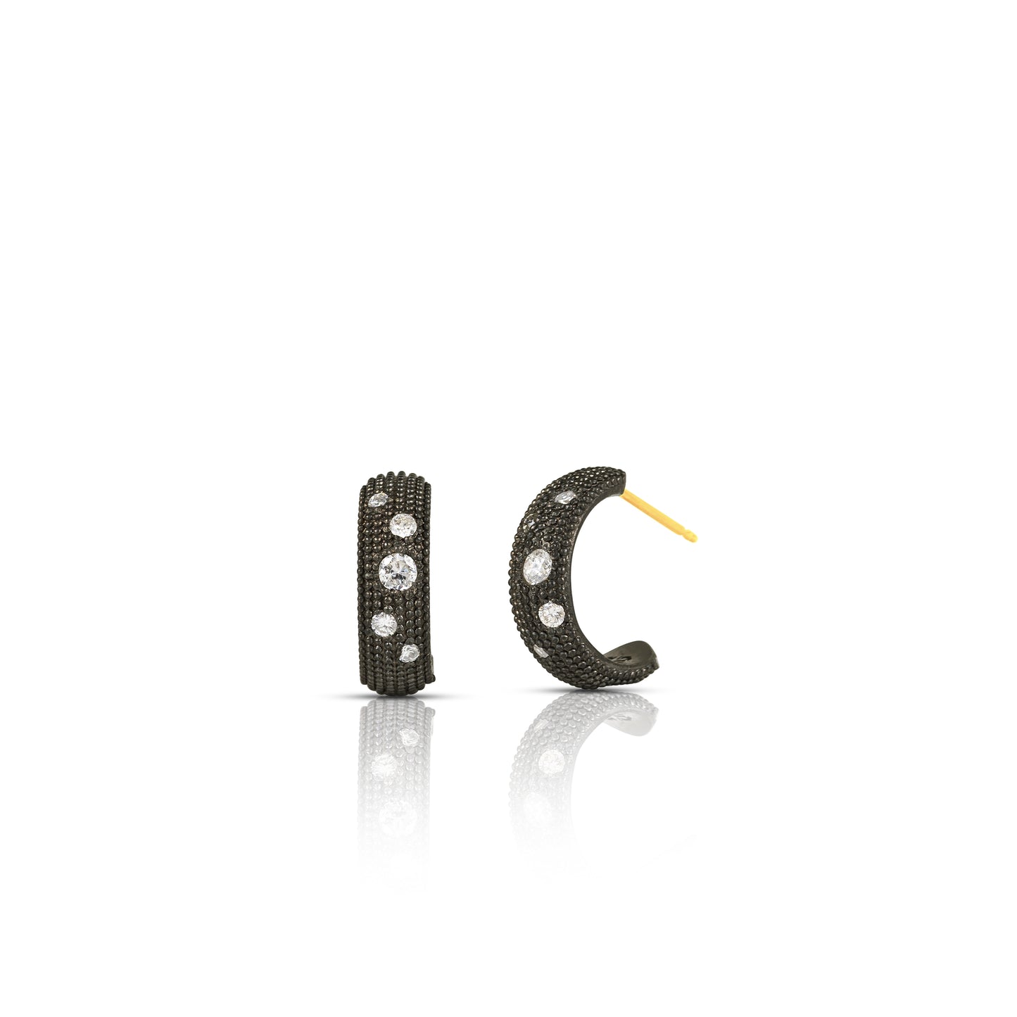 Pair of black hoop earrings with embedded stones on a white background