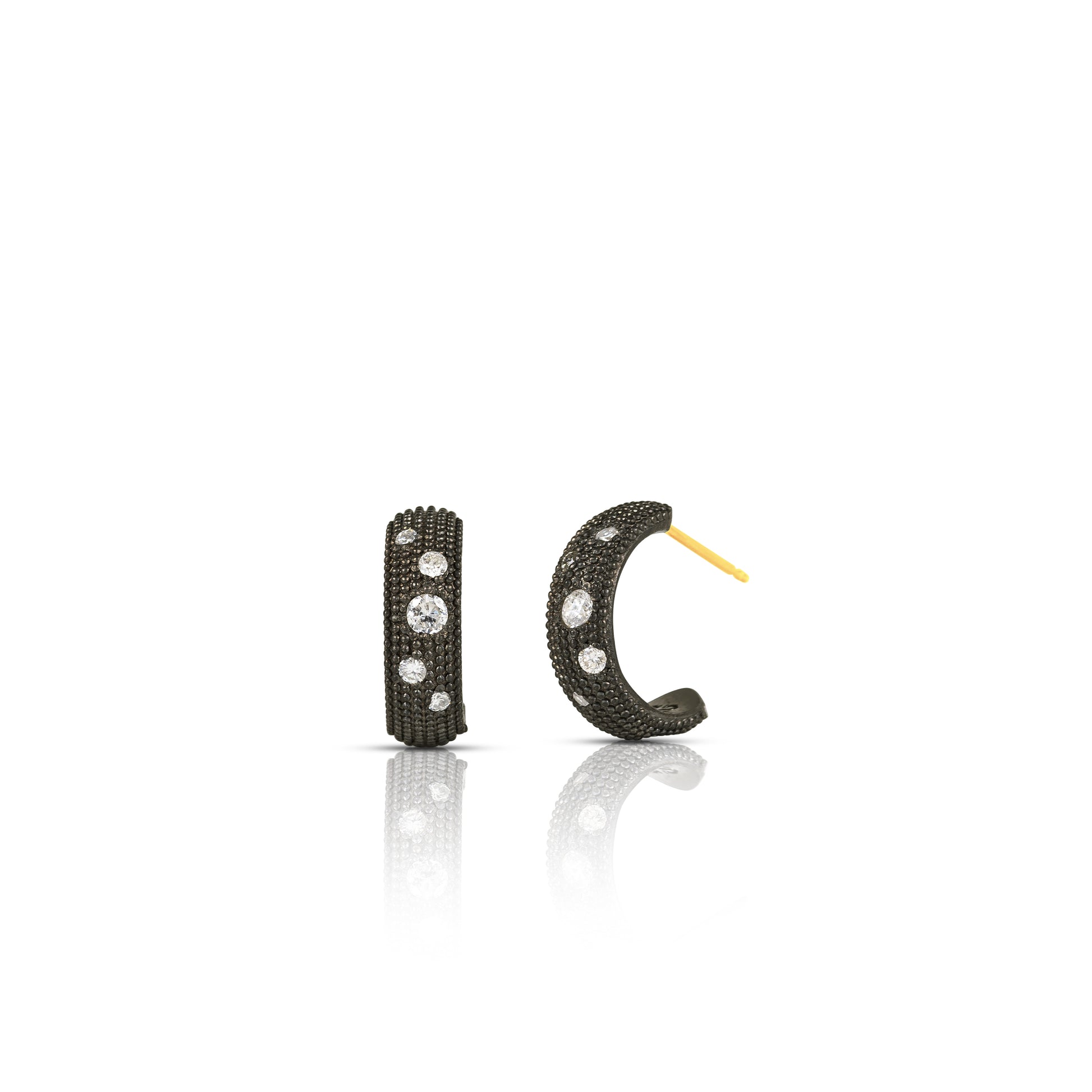 Pair of black hoop earrings with embedded stones on a white background