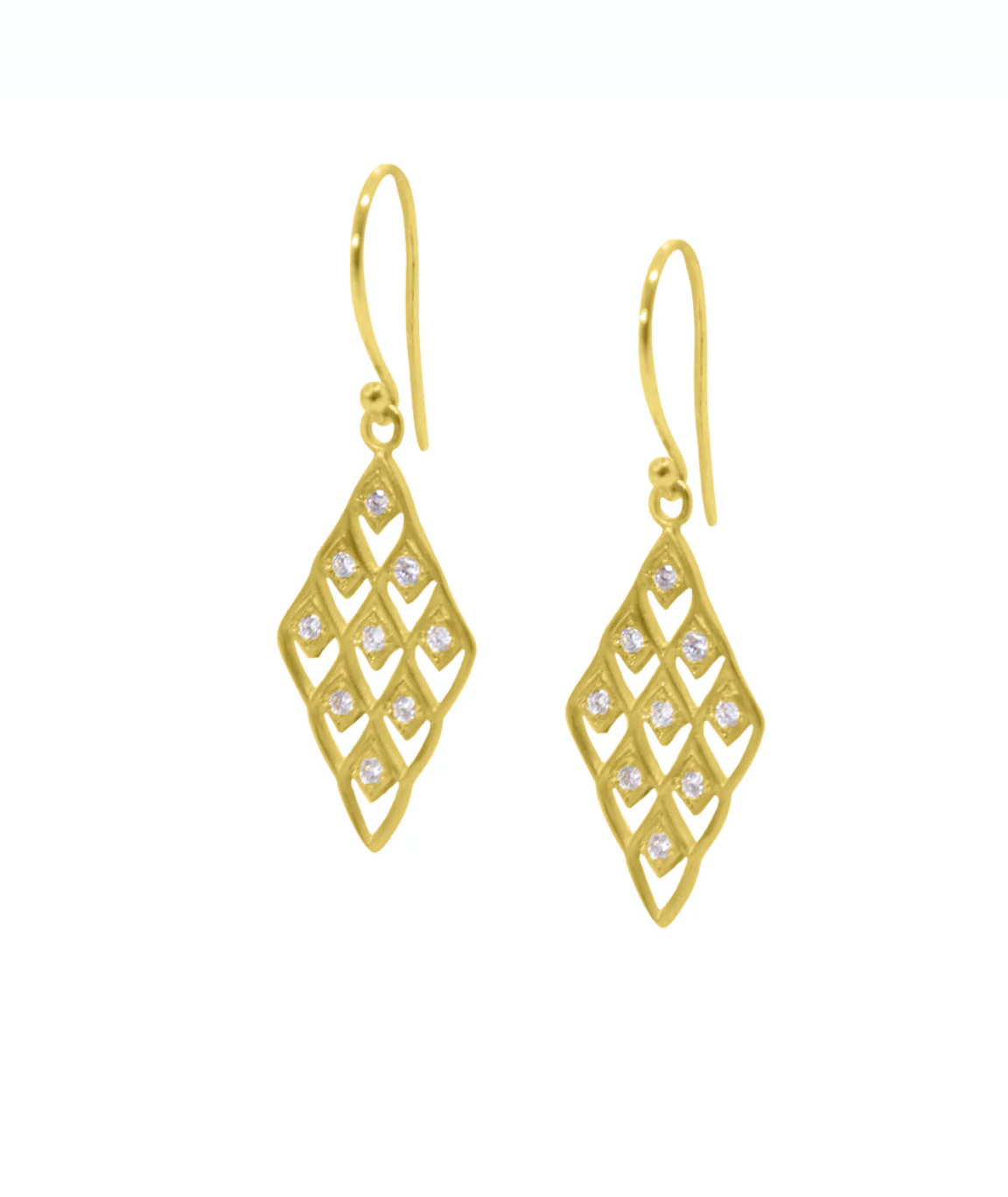 Diamond shaped gold dangle earrings with white diamonds