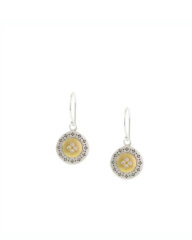 small gold and silver disc earrings on French wire with four diamonds in each one.