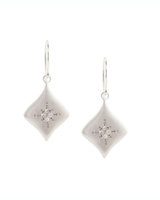 Silver kite shaped drop earrings with 4 small diamonds in each centrally set