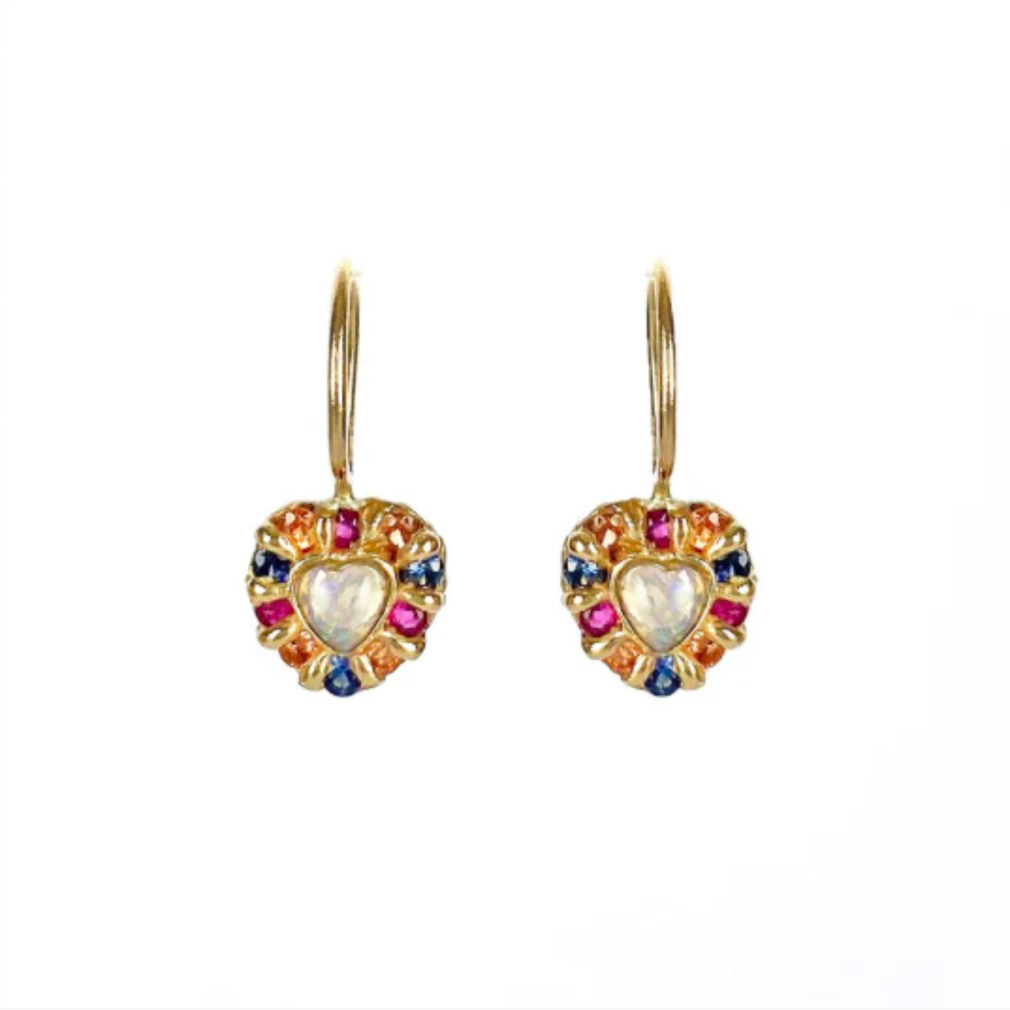 Heart-shaped earrings with colorful gemstones on a white background