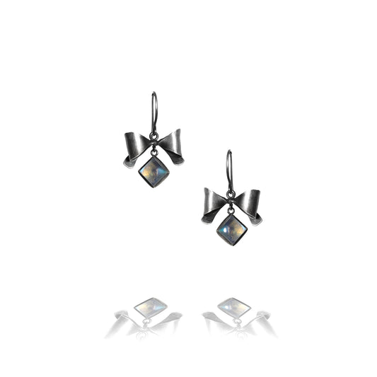 Oxidized Sterling silver earrings with rainbow moonstone drops