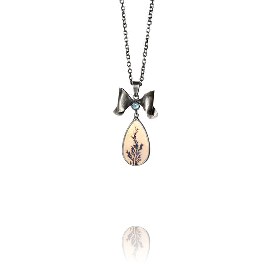 Oxidized sterling silver bow necklace with aquamarine and dendritic agate